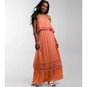 Daytrip Womens XS Strapless Crochet Maxi‎ Dress Rust Orange Gauzy Bohemian Beach